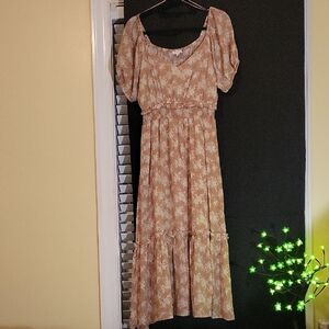 Bohme Floral Midi Dress in Tan and Cream